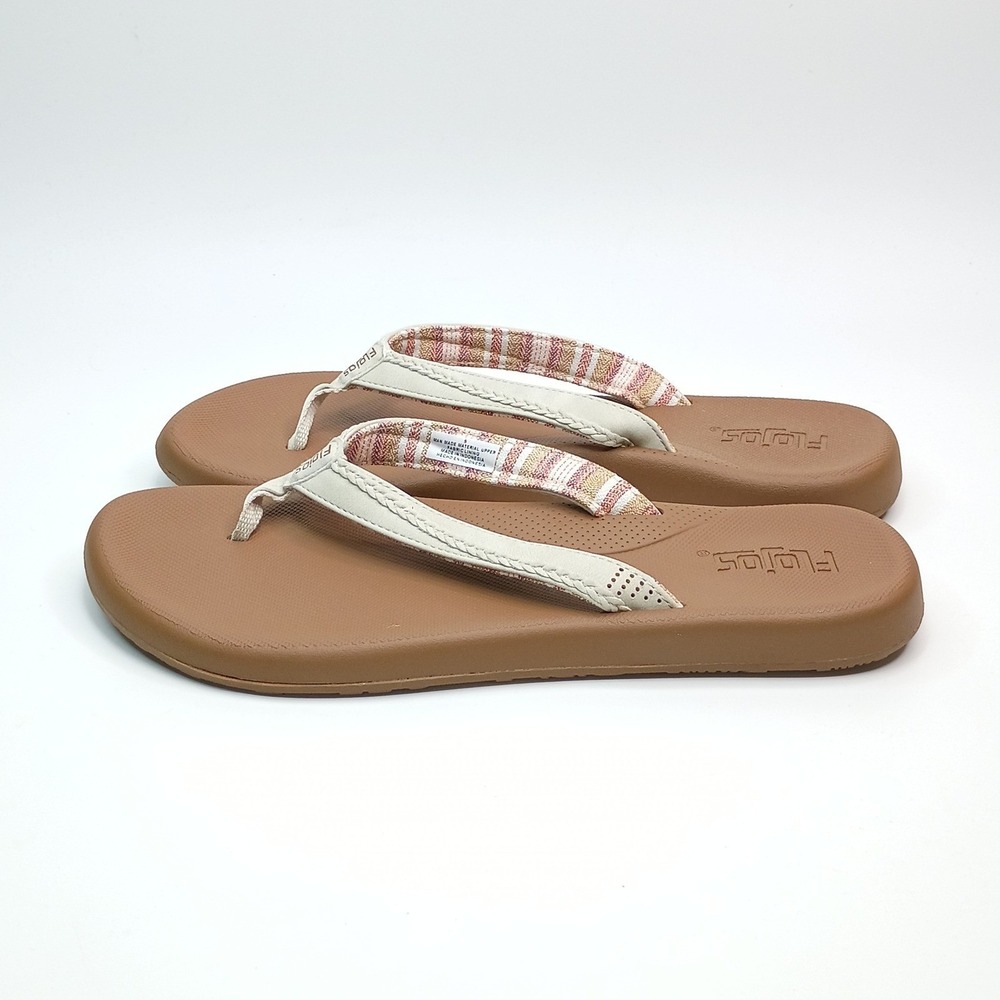 Flojos Sandals Flip Flops Women Size 8 Brown Cream Woven Fabric Strap - Picture 3 of 8